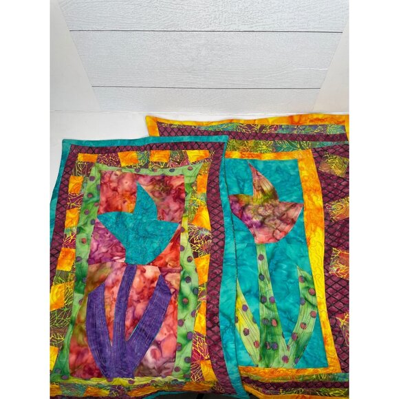 Handmade Tulip Floral Quilted Wall Hangings Place Mats Purple Teal Batik Fabric - Picture 8 of 11